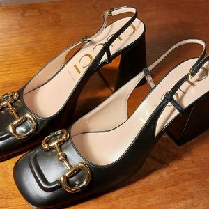 GUCCI Black Midheel Slingback Leather Pumps w/ Block Heels Horsebit Size 40 / 10
